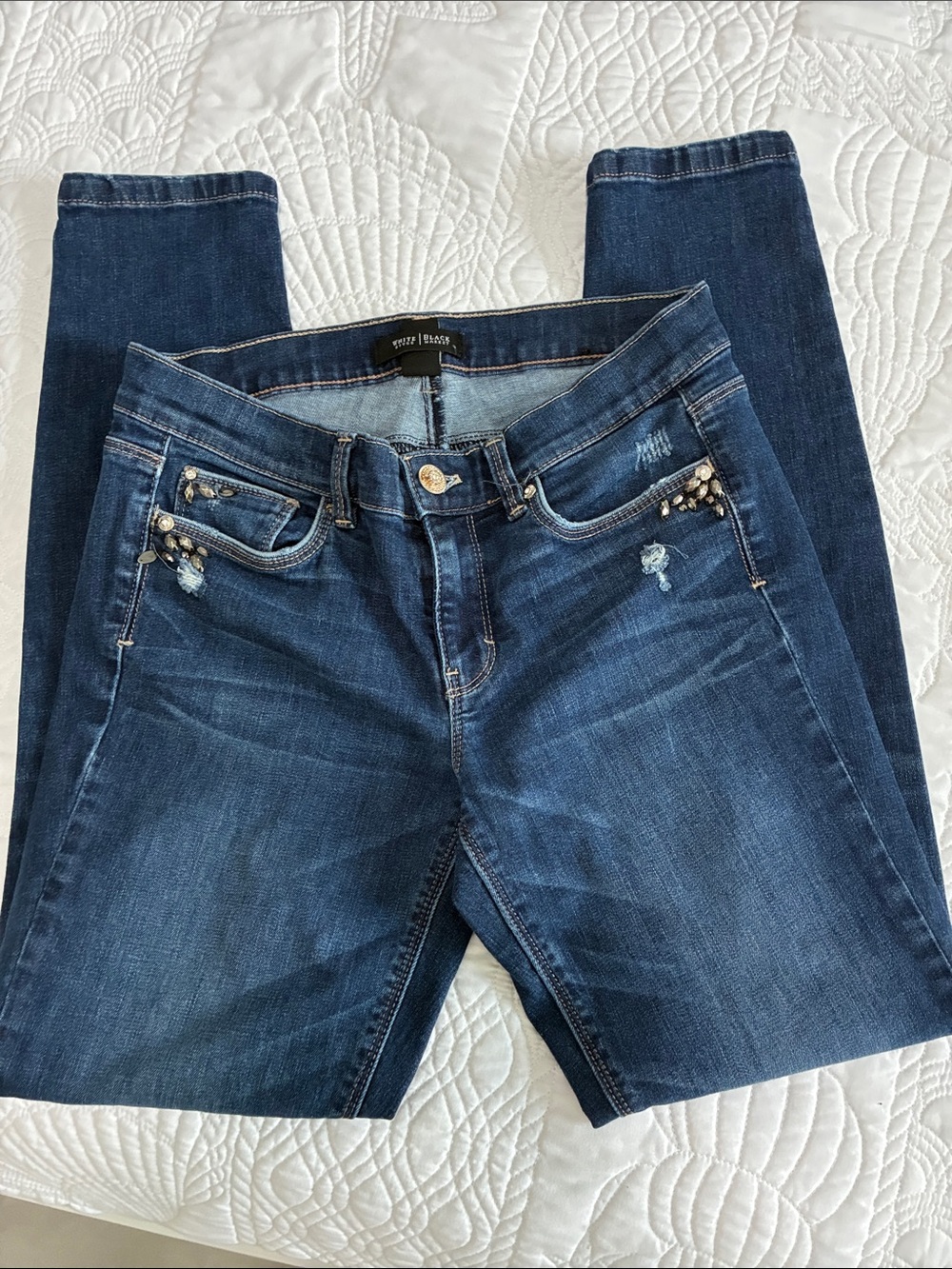 White House Black Market Dark Blue Skinny Jeans with Bead Embellishments